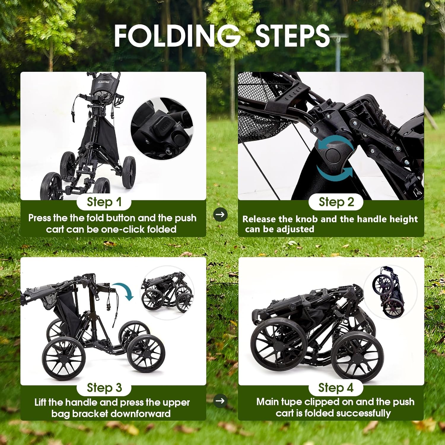 Thumbnail 4 de FLAGTAG Golf Push Cart 4-Wheels: Foldable 1-Click Aluminum Cart with Cup/ Umbrella Holders and Cooler