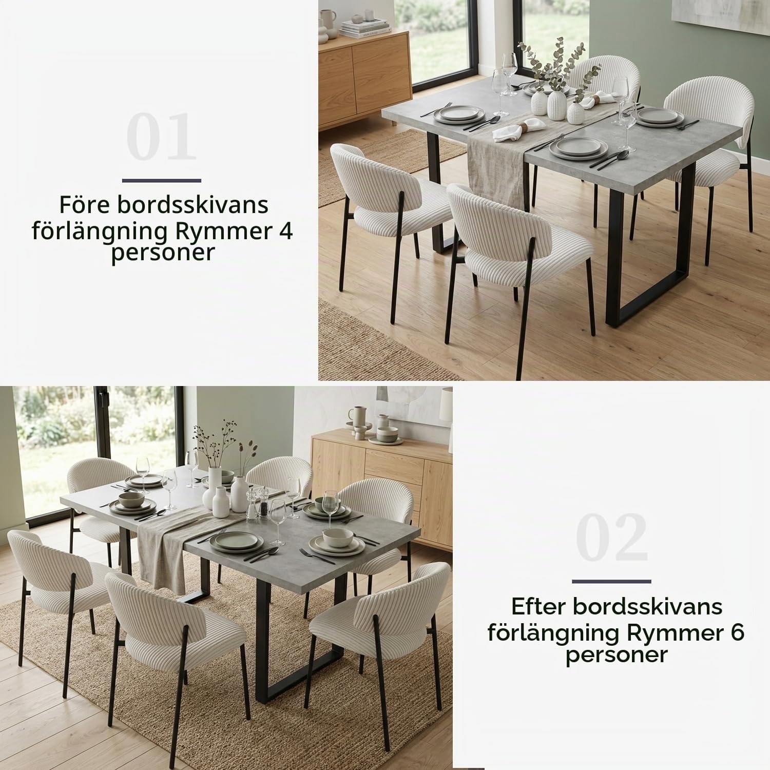 Detalle 1 de JIEXI J15+JD8483 matbordsset, utdragbart 130–170 cm med 6 vita manchesterstolar