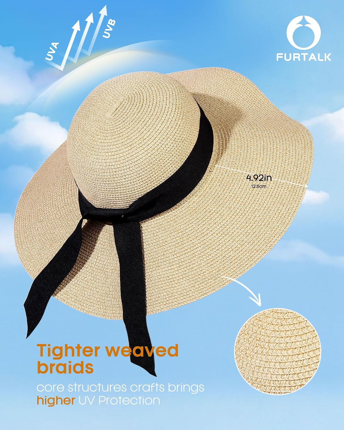 Detalle de FURTALK Women’s Sun Straw Hat (Wide Brim) with UPF 80+