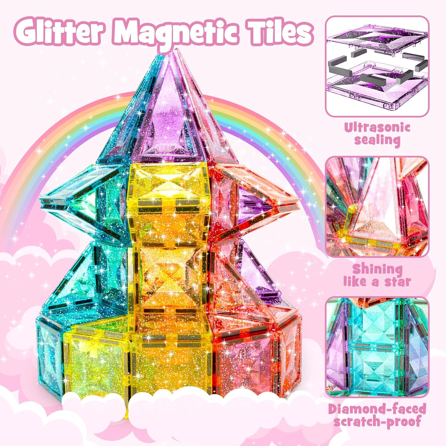 Detalle de YOGOHEE 48pcs Large Glitter Magnetic Tiles – Diamond-Shaped STEM Building Set