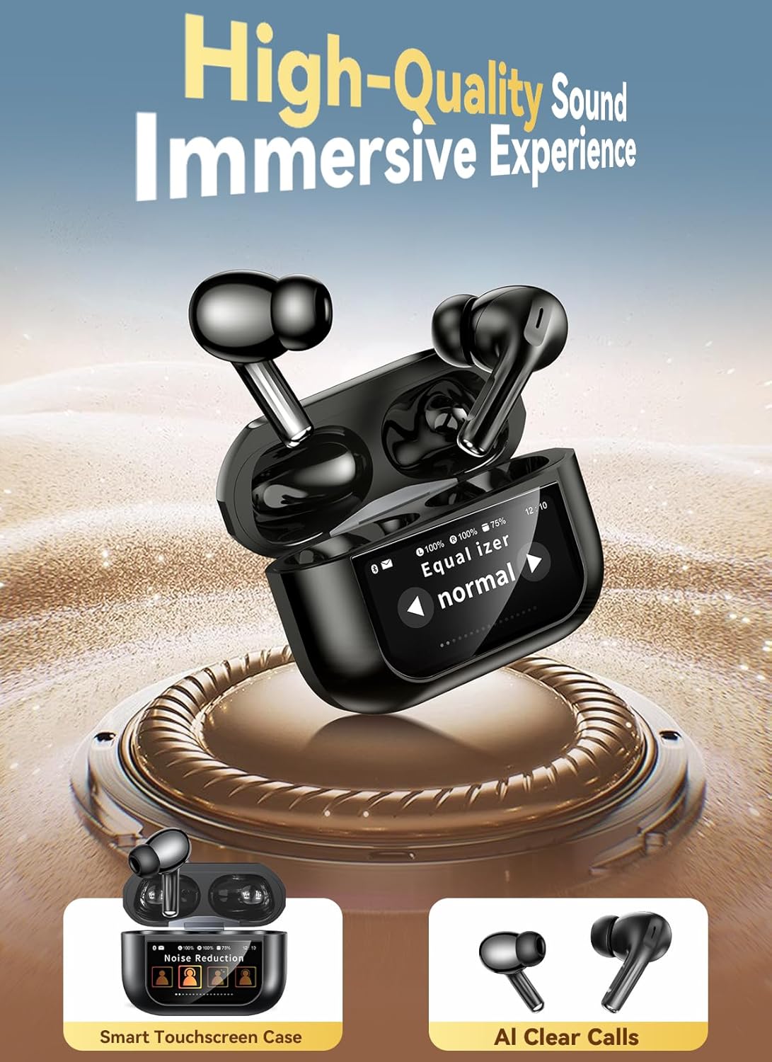 Detalle de ZZU Wireless Earbuds with Smart Touchscreen Case – Bluetooth 5.4, ENC Calls, ANC Noise Cancellation and 48-Hour Battery