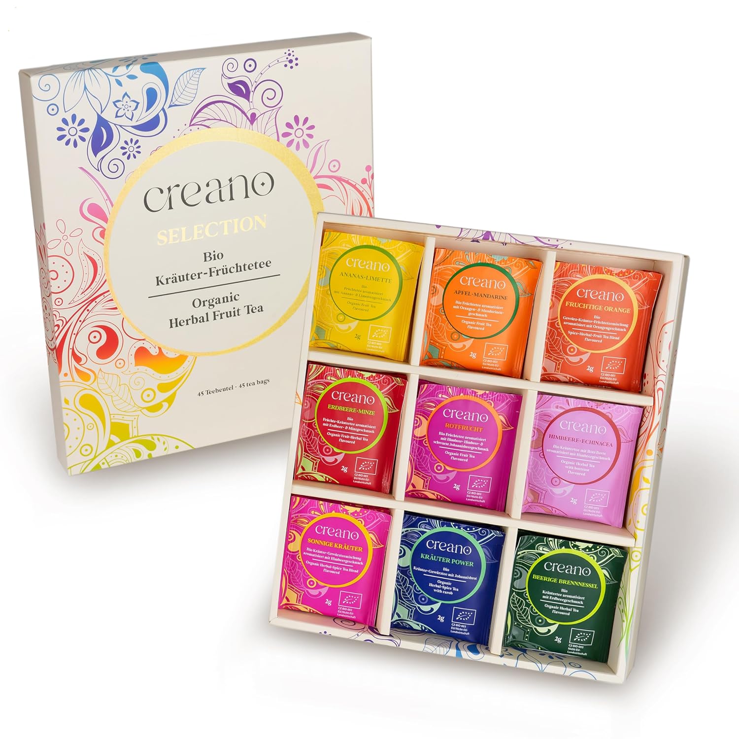 Detalle de Creano Bio Früchtetee & Kräutertee Geschenkset – 45 Bio-Teebeutel in 9 Sorten, koffeinfrei