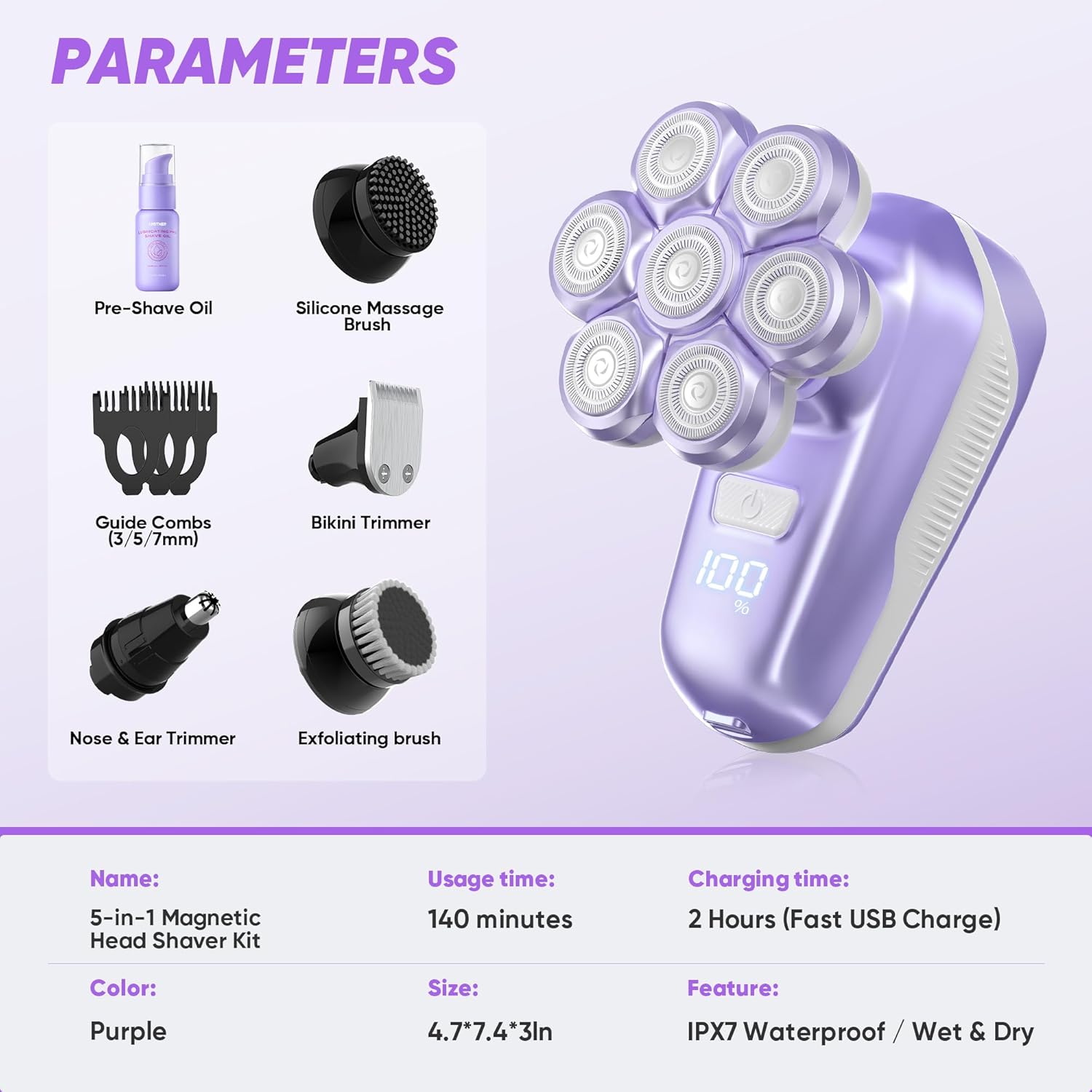 Detalle 2 de Electric Shaver for Women with 7D Magnetic Heads – All-in-One Wet & Dry Body Grooming Kit (Purple)