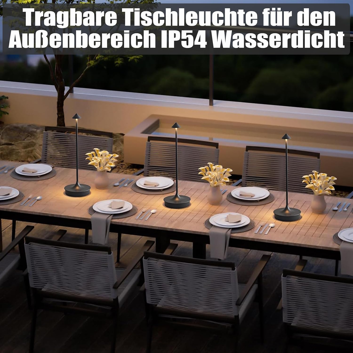 Detalle de Leomix LED Tischlampe kabellos – 2er Set, 4000 mAh, IP54, Touch & stufenlose Dimmbarkeit
