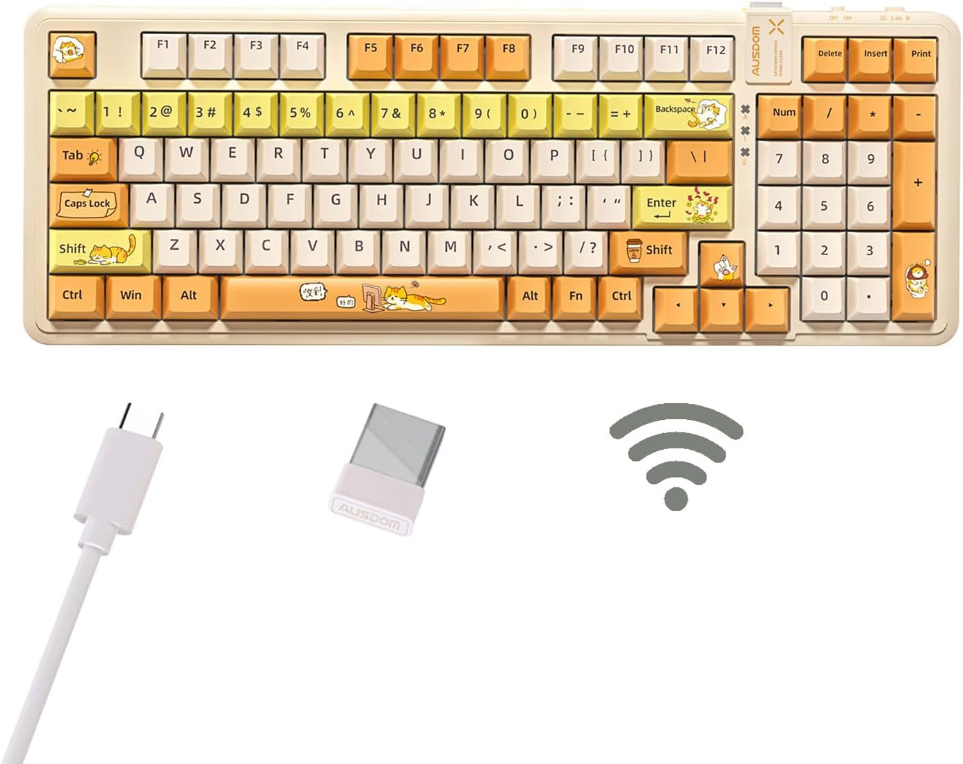 Detalle de AUSDOM 98Pro-Yellow Cat Theme Wireless Mechanical Keyboard, 97-Key