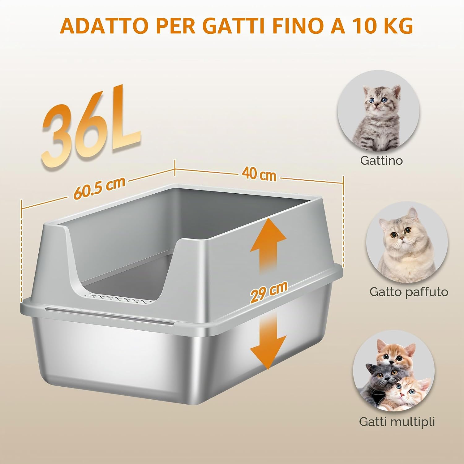 Detalle de Lettiera in Acciaio per Gatti XXL Fobyfurny – 60,5 × 40 × 29 cm, 36 L, Bordo Alto 15 cm, Inox