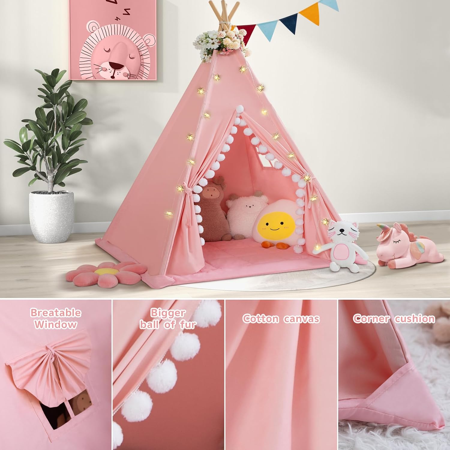 Thumbnail 2 de WIRHAO Kids Teepee Tent with Padded Mat, Cotton Canvas & Stars Lights (Pink)