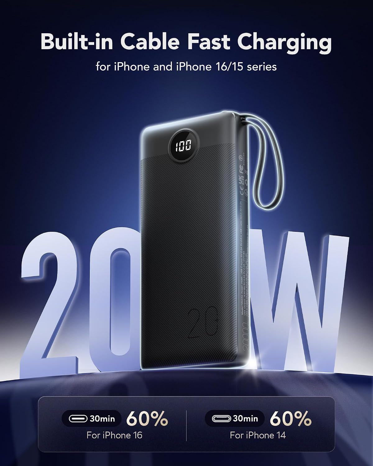 Detalle 2 de VRURC Portable Charger 20000mAh Power Bank