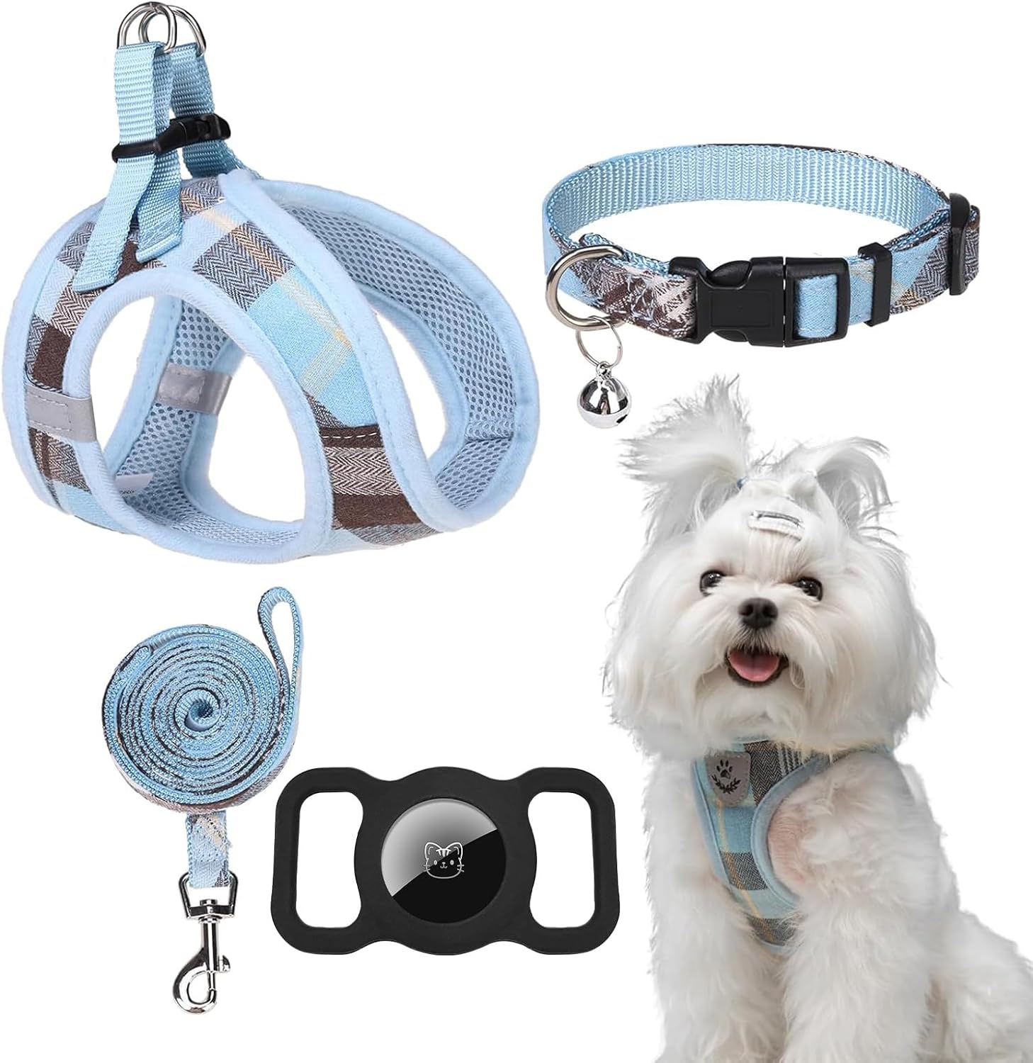 Detalle de EXPAWLORER Classic Plaid Small Dog Harness – Vest, Lead, Collar & AirTag Holder