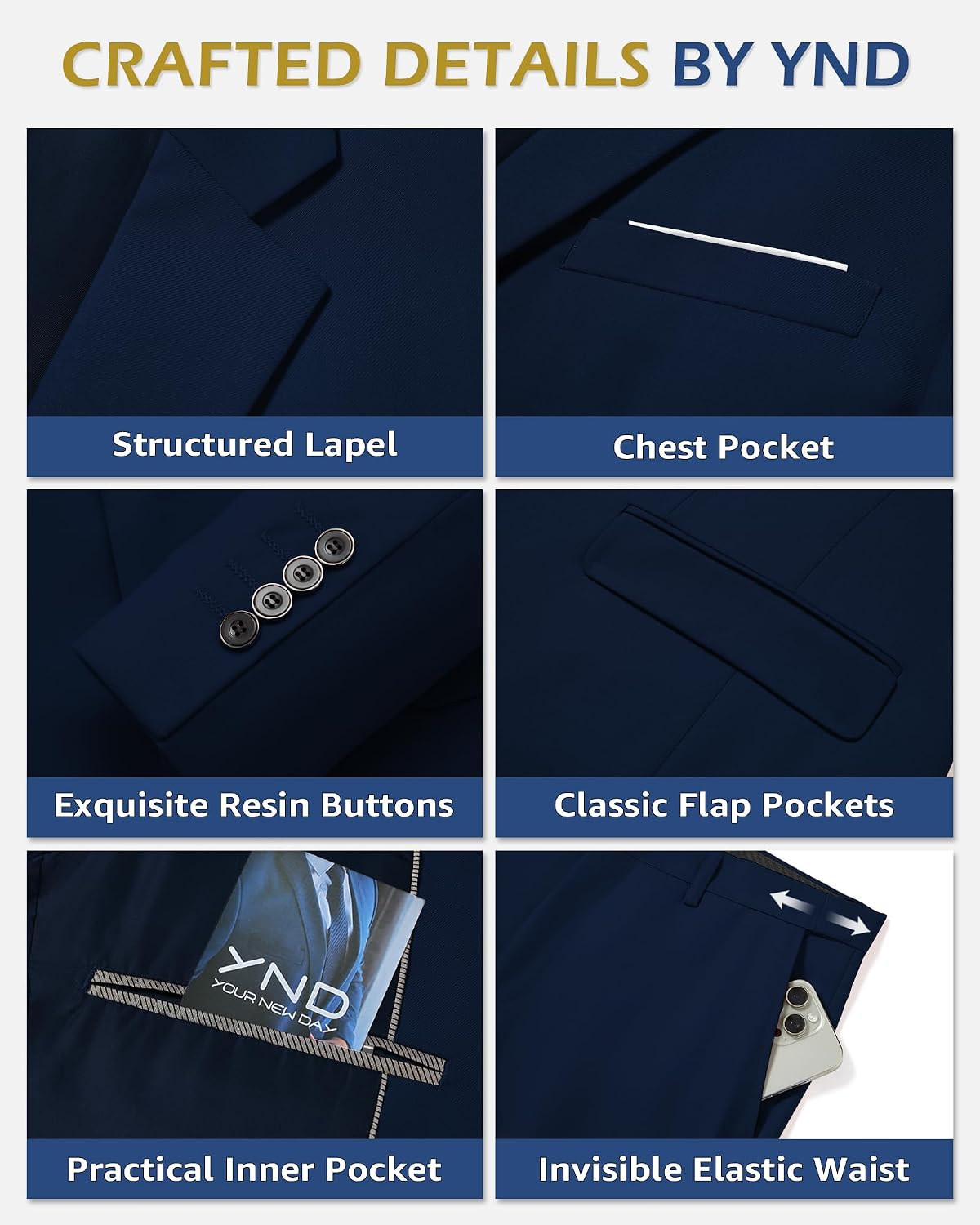 Detalle de YND 3 Piece Slim Fit Suit 29 Colors