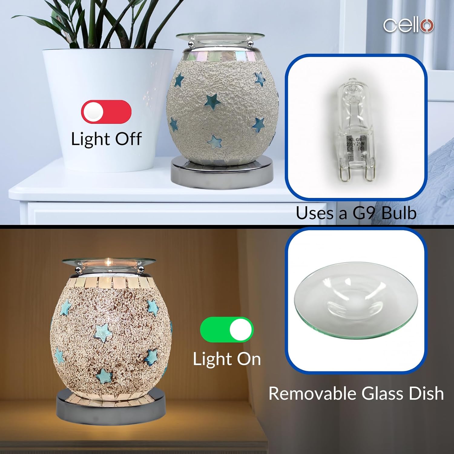 Thumbnail 4 de Cello Blue Star Mosaic Touch Electric Wax Melt & Oil Burner (Touch Control, Night Light)