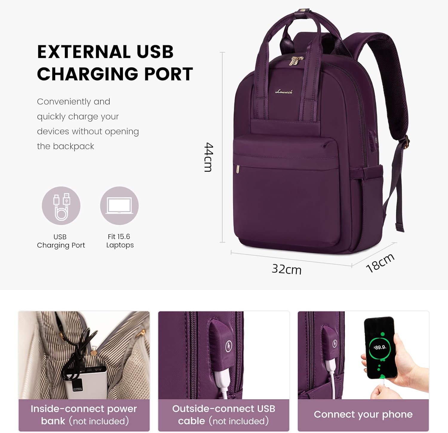 Thumbnail 3 de LOVEVOOK Laptop Rucksack Damen 15,6 Zoll – Wasserdicht, USB-Ladeanschluss, Reiserucksack, Dunkelviolett
