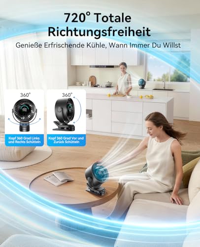 Thumbnail 7 de KIMMOO Clip-Ventilator Wiederaufladbar – 360° Clip-Ventilator mit LED-Display, bis zu 17 Std. Akku, 100 Stufen, 9.000 U/min