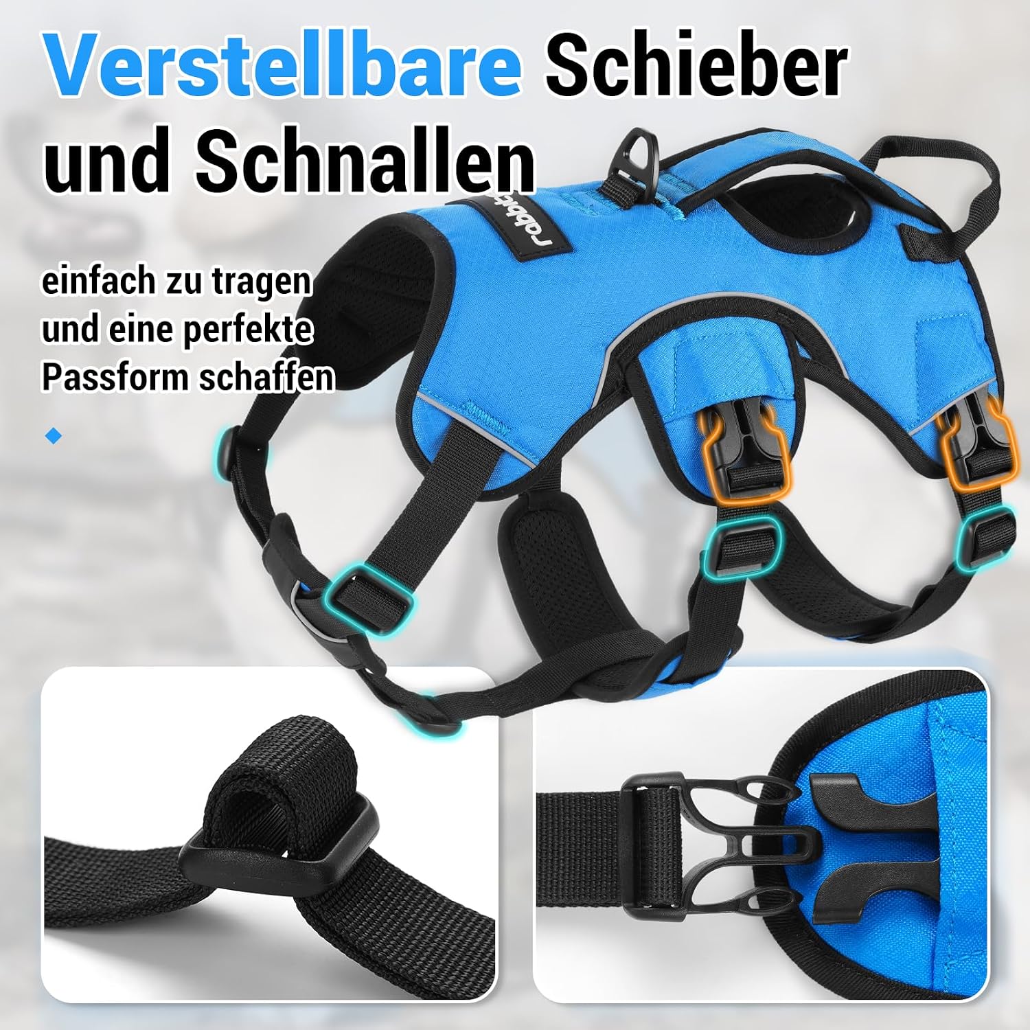 Detalle 2 de rabbitgoo Ausbruchssicheres Hundegeschirr mit Griff, gepolstert – Größe L (blau)