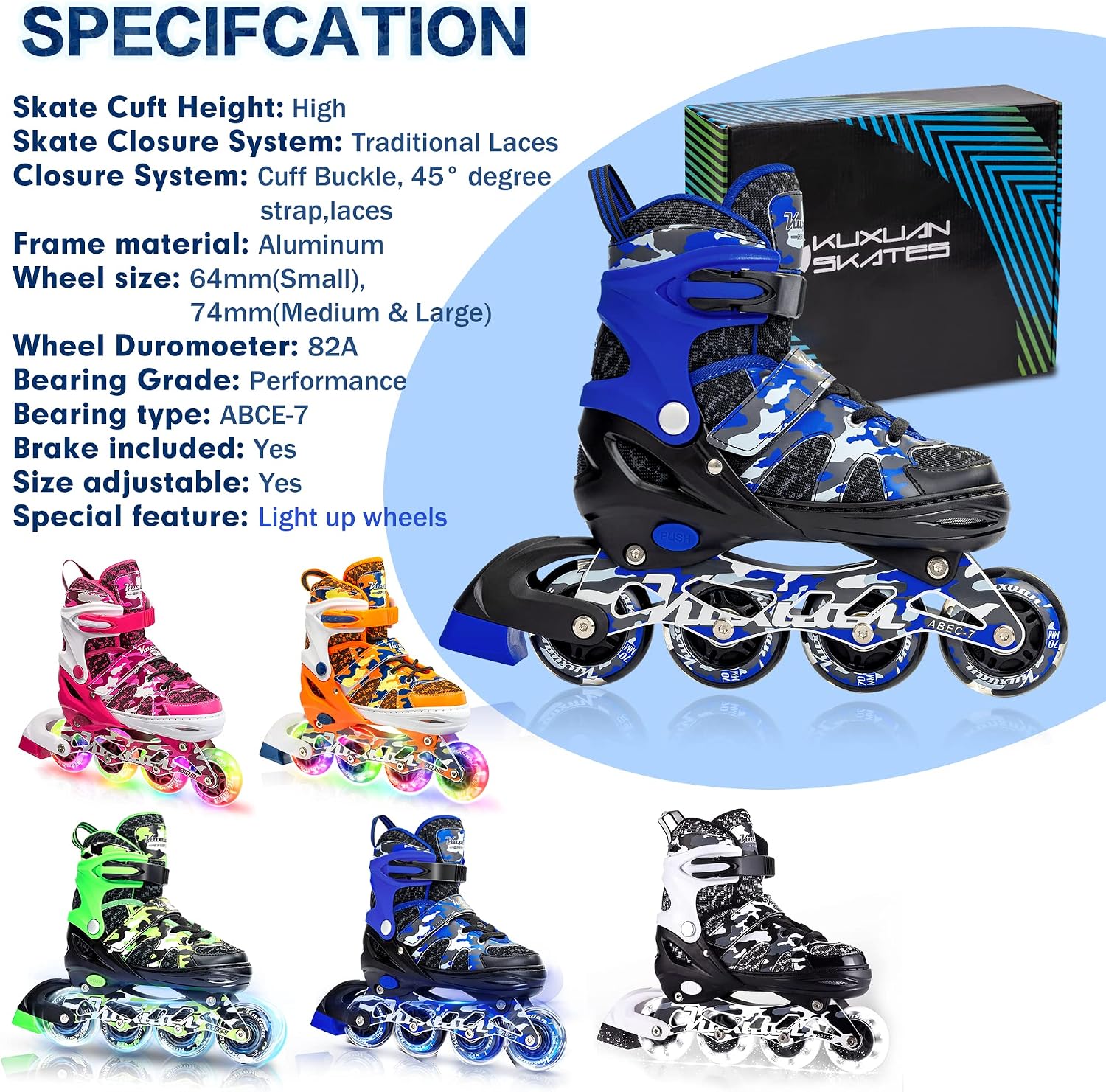 Detalle de Kuxuan Adjustable Inline Skates with Light Up Wheels — 4 Sizes, Aluminum Frame, ABEC-7 Bearings