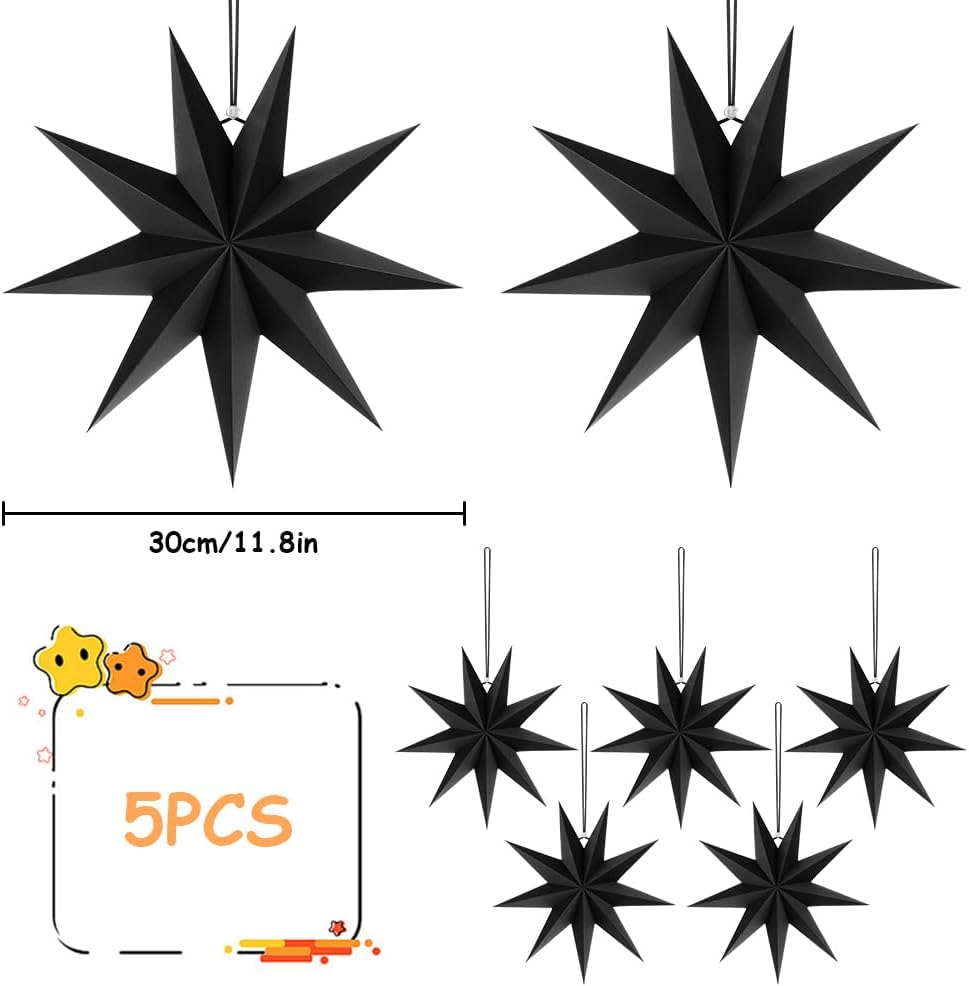 Detalle de Vicloon 9 Pointed Paper Star Lanterns, 30cm 3D, pack of 5, black