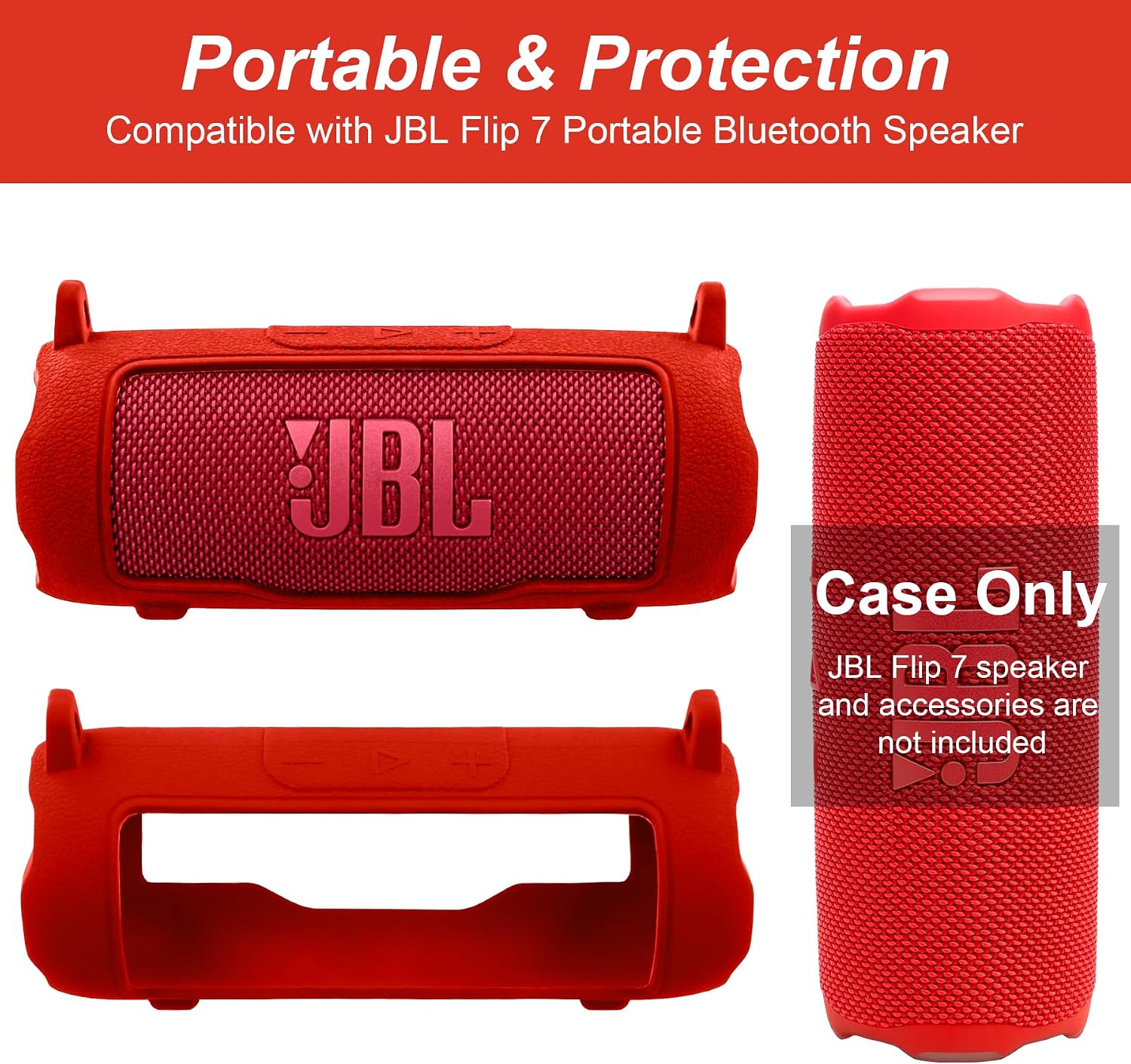 Detalle de Khanka Silicone Protective Case for JBL Flip 7 with Detachable Shoulder Strap – Red