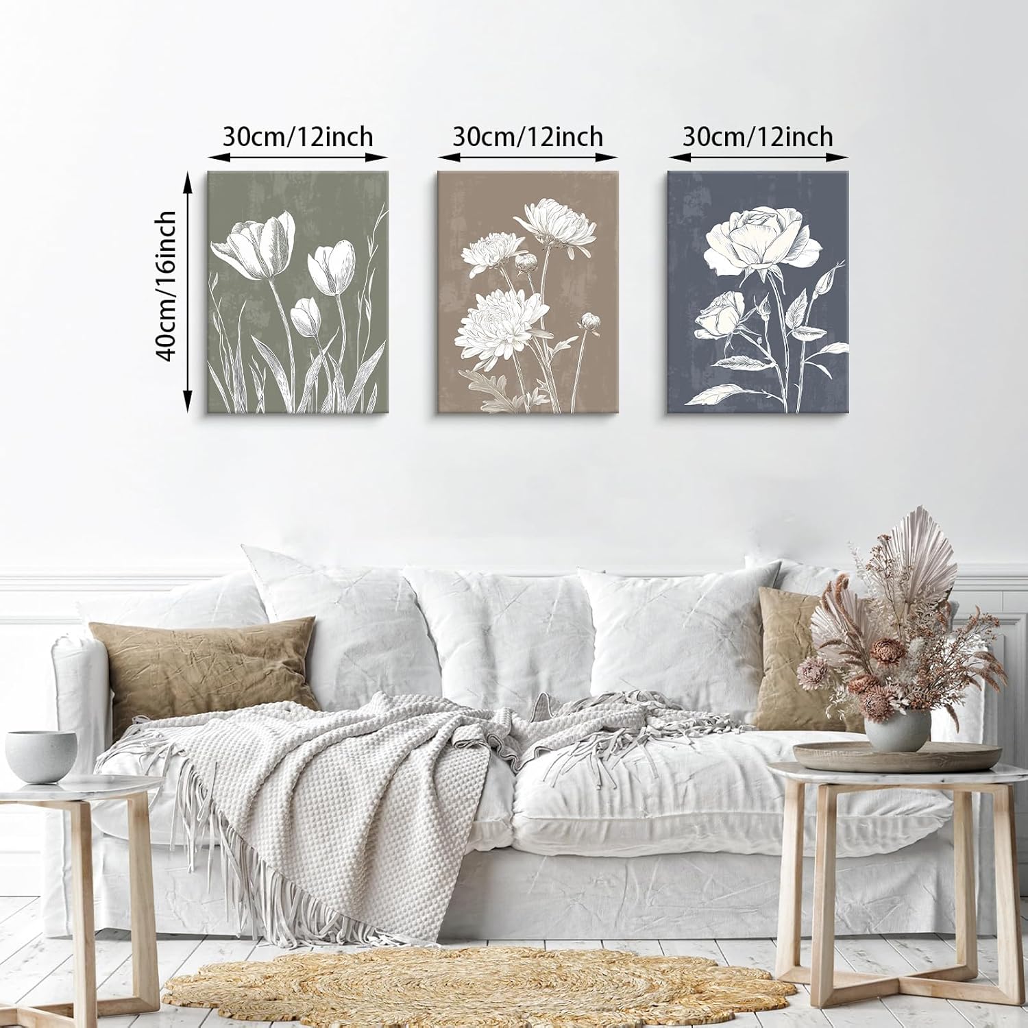 Thumbnail 1 de 3-teilige Boho-Wandbild-Set (Weiß, botanisch, blau/grün/lila) auf Leinwand mit Massivholzrahmen, 30x40 cm je Bild