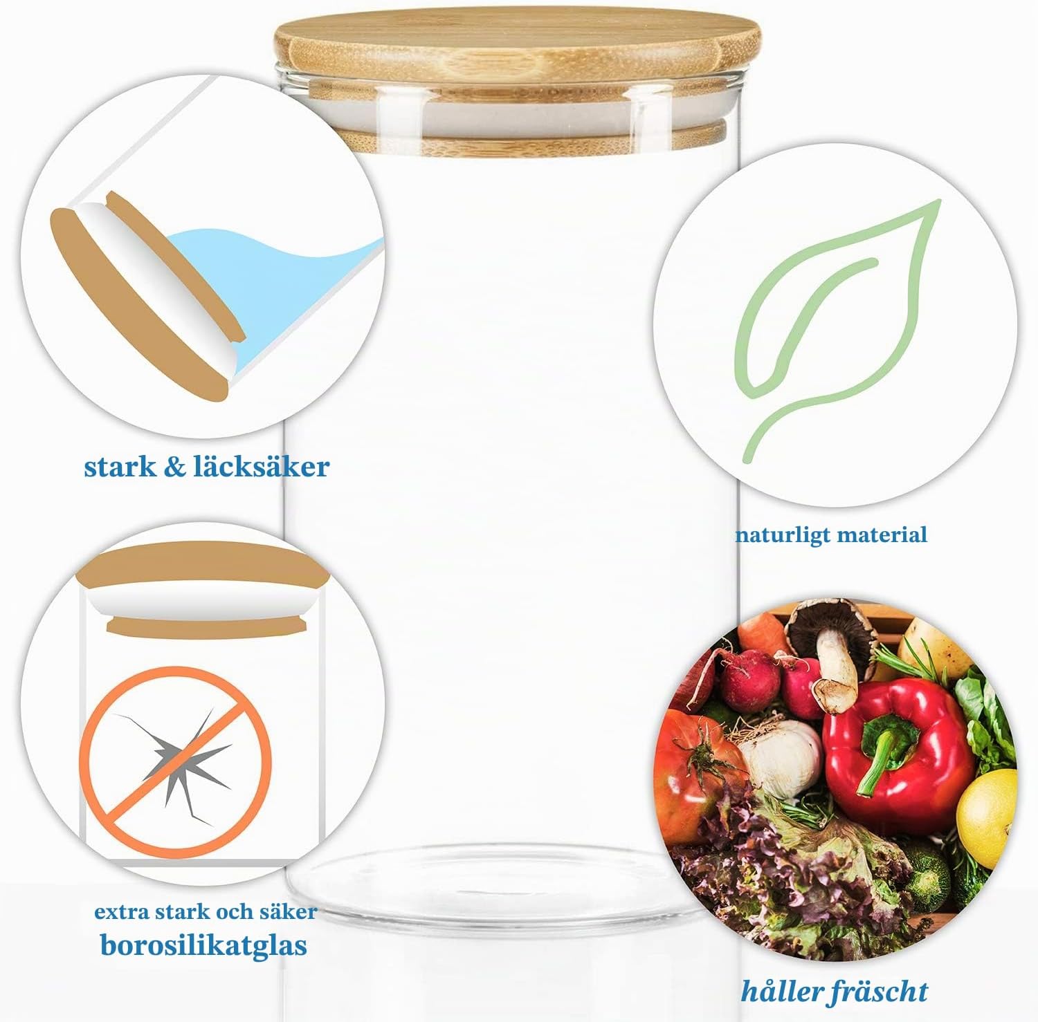 Detalle de Dimono förvaringsburkar i borosilikatglas med bambulock, 0,5, 0,70 och 1,0 L