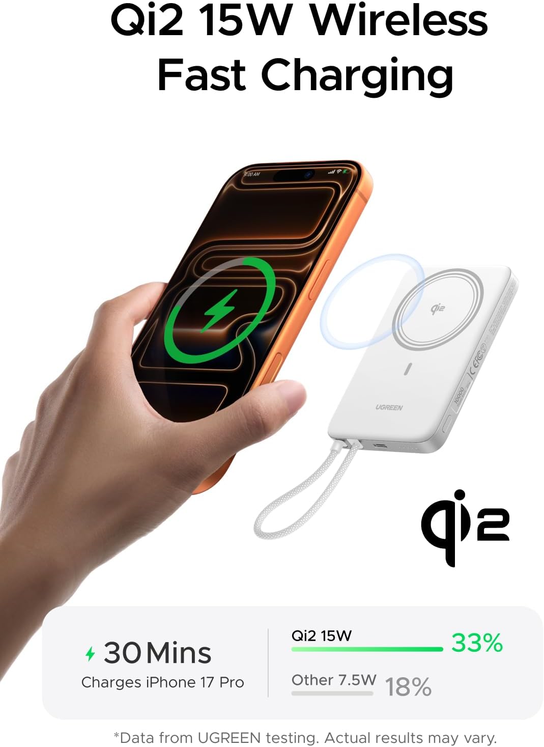 Thumbnail 2 de UGREEN MagFlow Air Qi2 15W Batteria Esterna 10000mAh – ultrasottile, ricarica wireless Qi2 e USB-C 30W (Bianco)