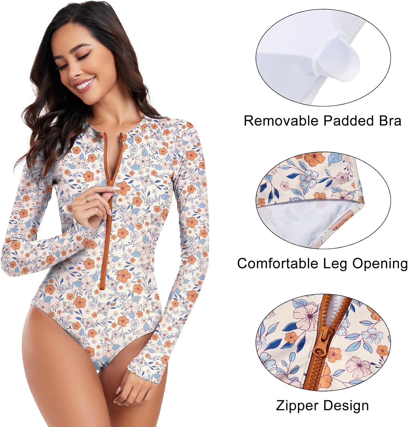 Detalle 2 de Century Star UPF 50+ Long Sleeve Rash Guard Swimsuit for Women — Floral, Full Coverage