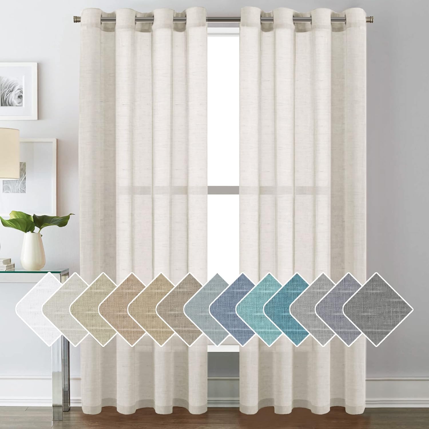 Detalle de H.VERSAILTEX Natural Linen Sheer Curtains – 2 Panels, 84" Long, Linen-Blend with Nickel Grommets