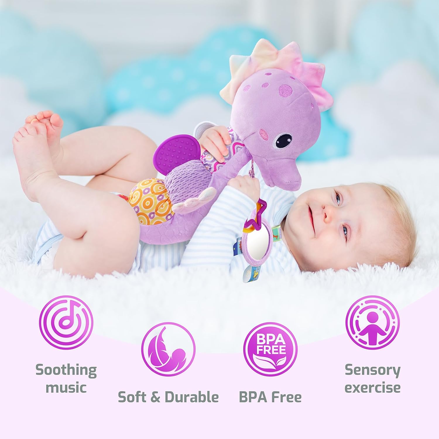 Detalle de Sumobaby Seahorse Plush Activity Toy with Mirror, Crinkle and Rattle Sounds