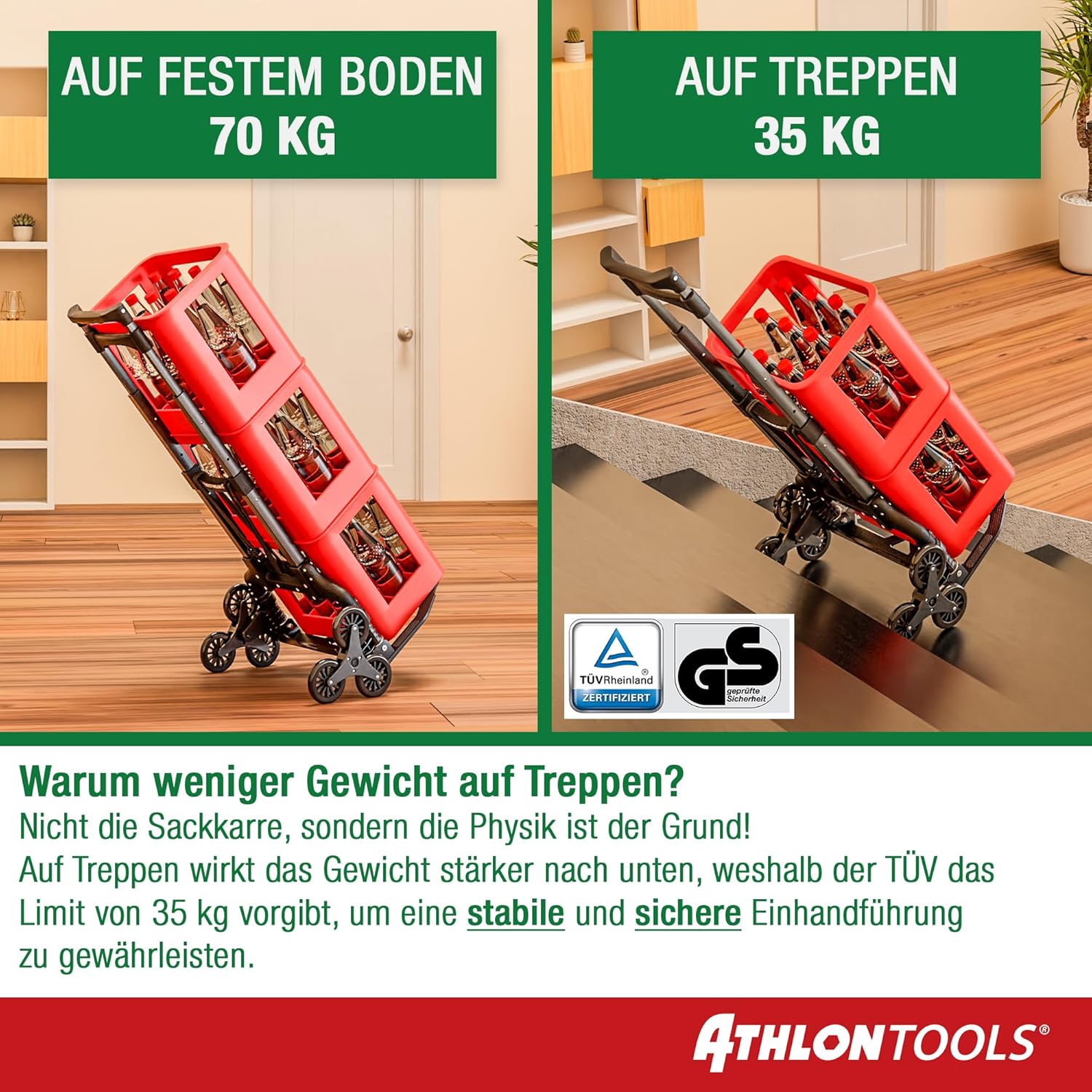 Thumbnail 4 de ATHLON TOOLS Treppensteiger Sackkarre klappbar aus Aluminium (TÜV geprüft) – extra langer Griff 110 cm