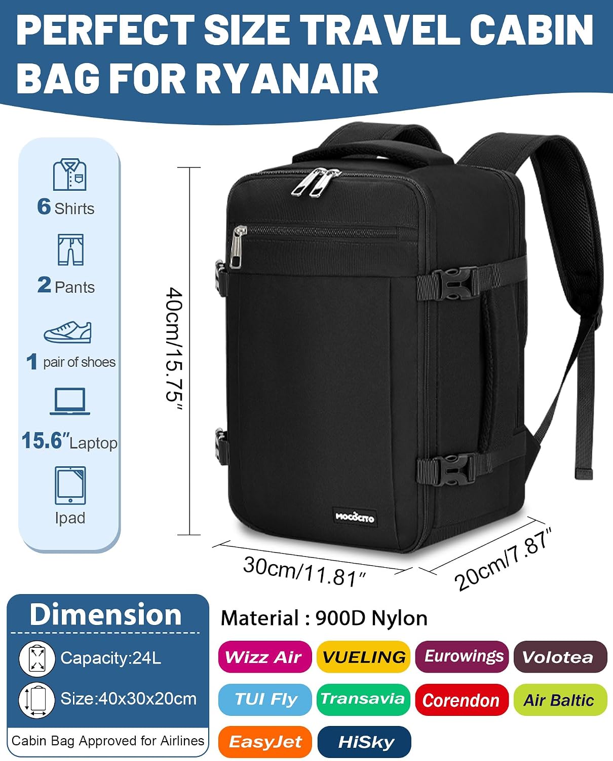 Thumbnail 1 de MOCOCITO Ryanair cabin bag 40x30x20 expandable travel backpack (24L to 30L)