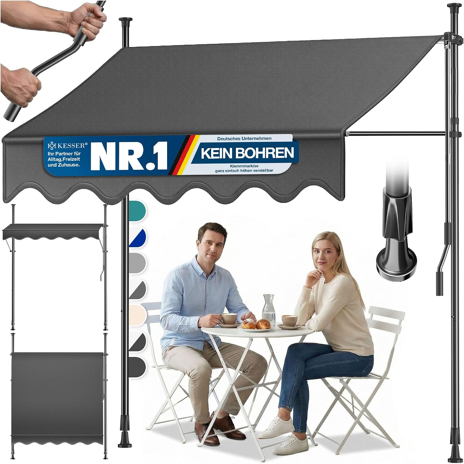 Detalle de KESSER Klemmmarkise mit Handkurbel für Balkon – Ohne Bohren, höhenverstellbar, wasserabweisend und UV-beständig