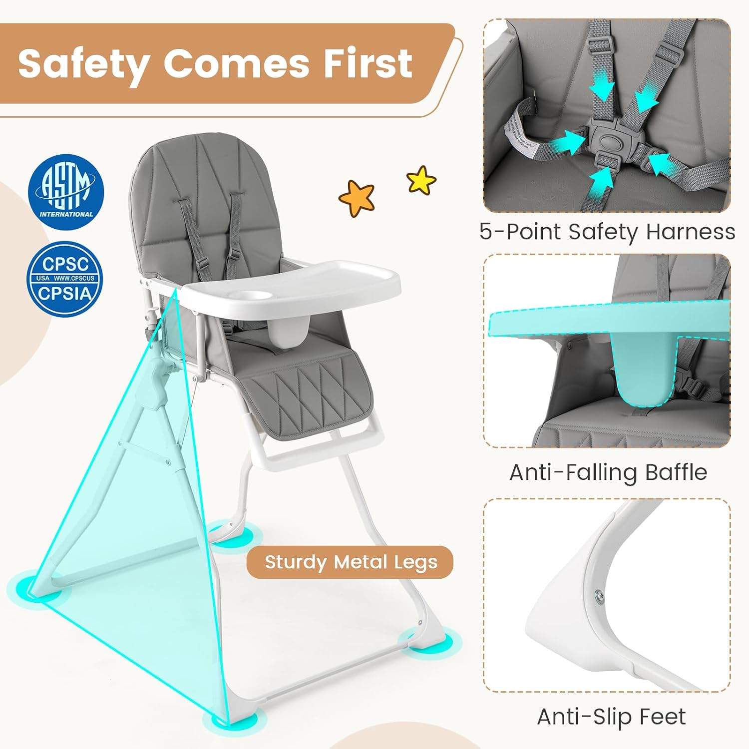 Thumbnail 4 de HONEY JOY HJ-2883-US Foldable High Chair with Adjustable Tray and PU Cushion