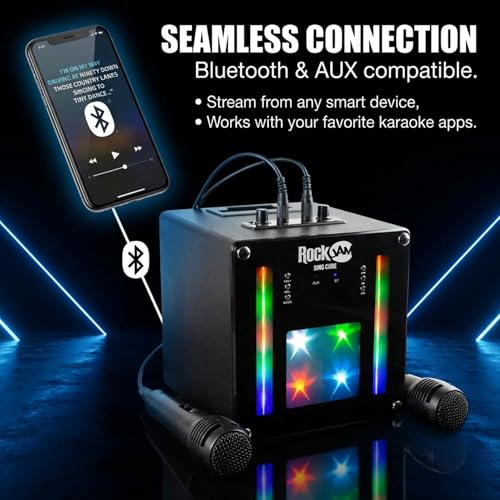 Detalle de RockJam singcube: Máquina de Karaoke Bluetooth con 2 micrófonos y luces LED