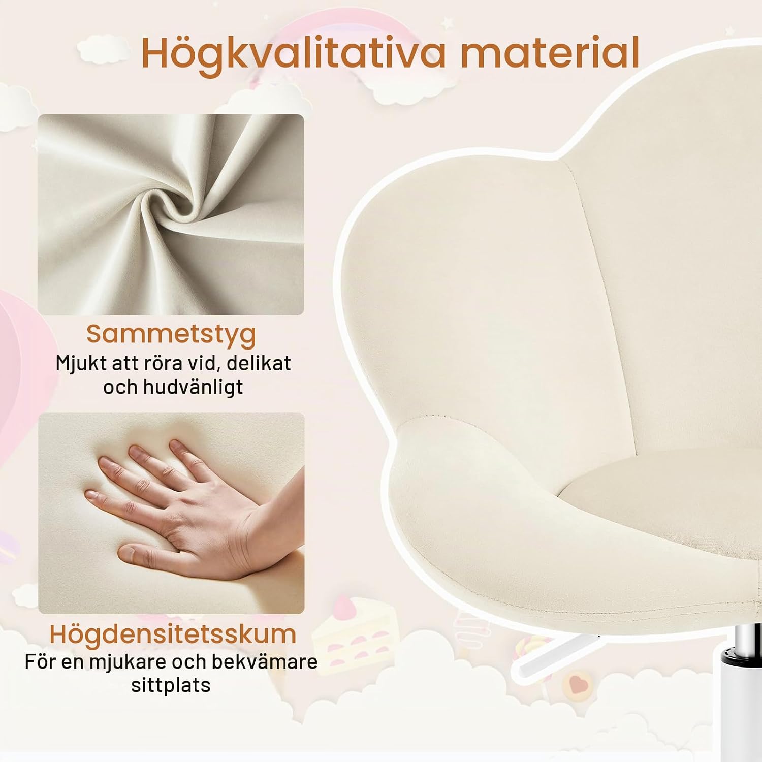 Detalle de WOLTU BS183be barnkontorsstol i beige sammet med hjul och höjdjustering