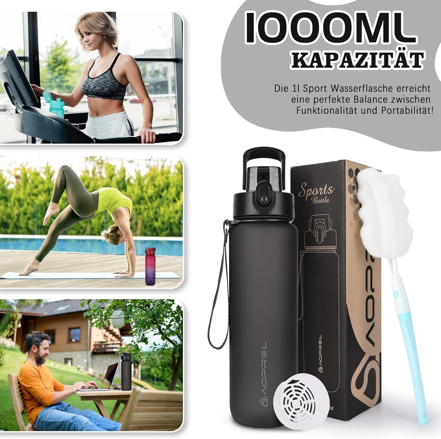 Thumbnail 6 de AOPREL Trinkflasche 1 l aus Tritan (BPA-frei) mit Filter und Bürste – auslaufsicher für Sport, Wandern & Alltag