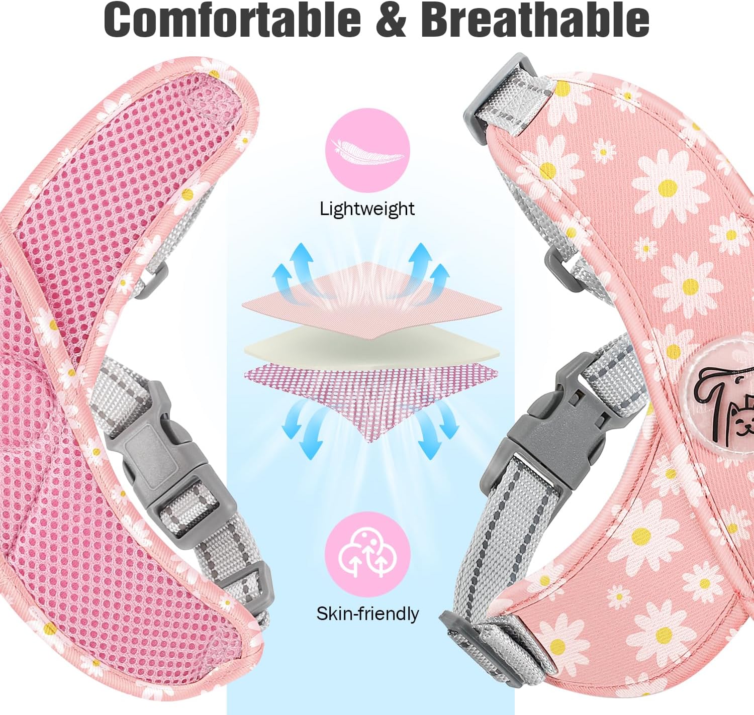 Detalle de Pawaboo Puppy Harness and Lead Set (Small) – No Pull No Choke X-Frame Vest Harness with Adjustable Straps, Pink Daisy