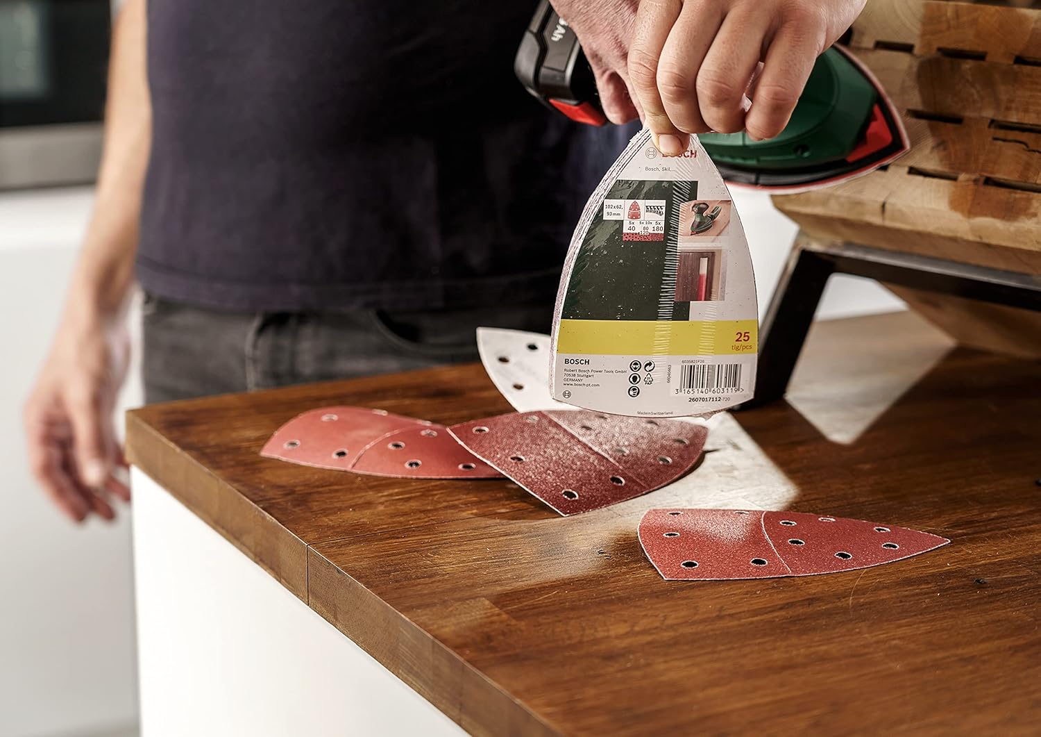 Thumbnail 3 de Bosch 25-tlg. Schleifblatt-Set für Multischleifer (102 x 62,93 mm, Körnungen 40/80/120/180, Klett, 11 Löcher) – 102 x 62 mm