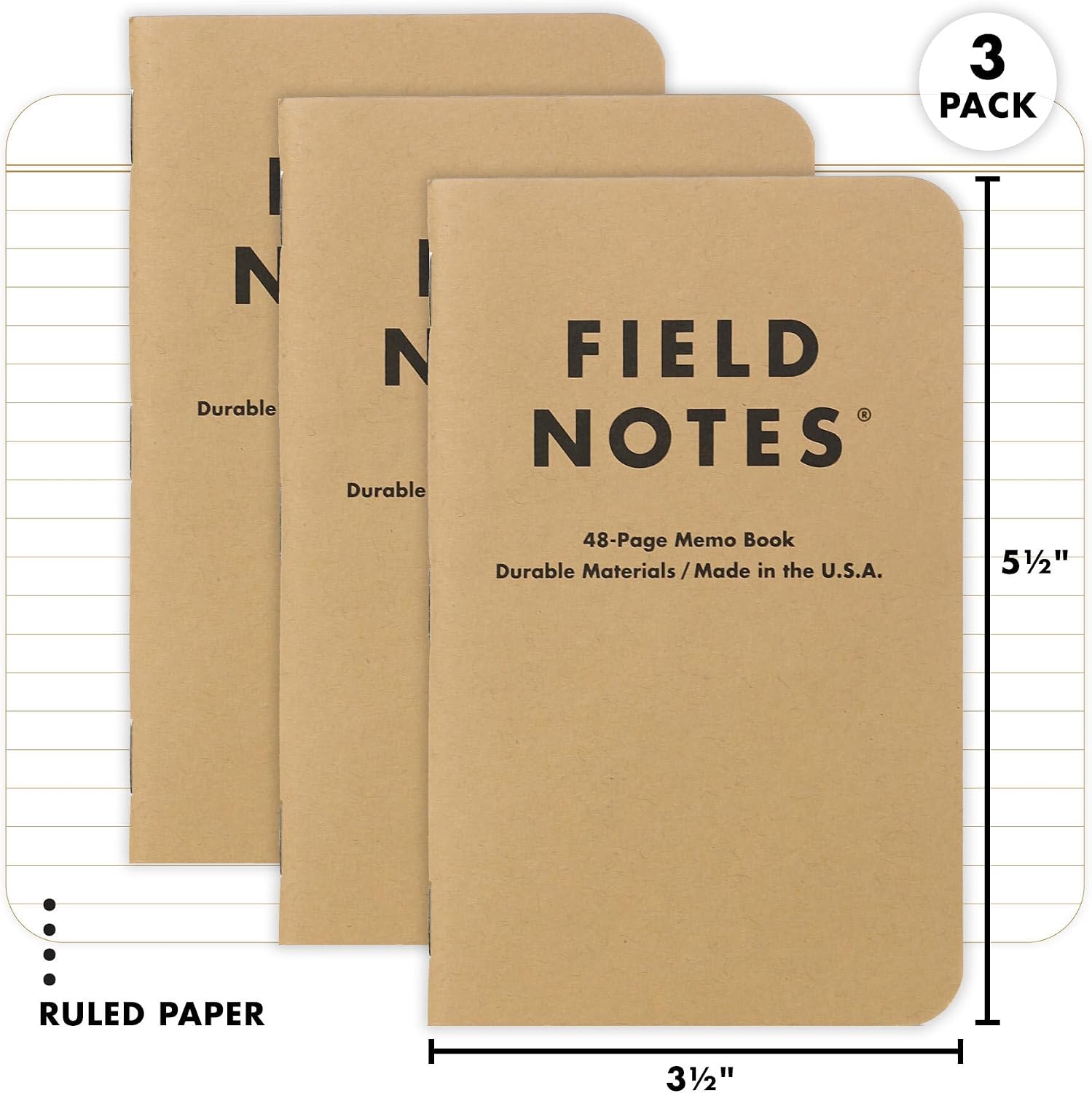 Detalle 2 de FIELD NOTES Kraft Ruled 3-Pack 罫線入りメモ帳 3冊セット、ブラウンのクラフト紙カバー