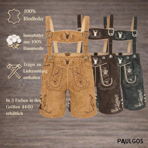 Thumbnail 5 de PAULGOS Herren Trachten Lederhose HK3 + Träger, Echtes Leder, Größe 54, Hellbraun