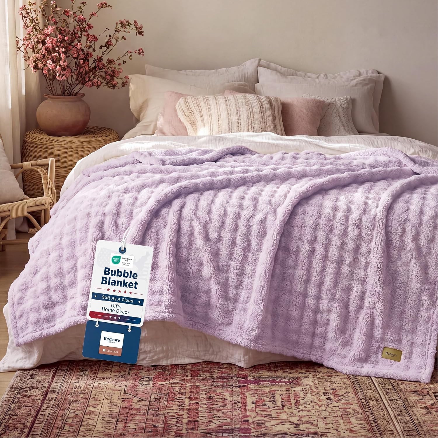Detalle de Bedsure Bubble Throw Blanket, Queen 90" x 90", Light Purple 3D Texture