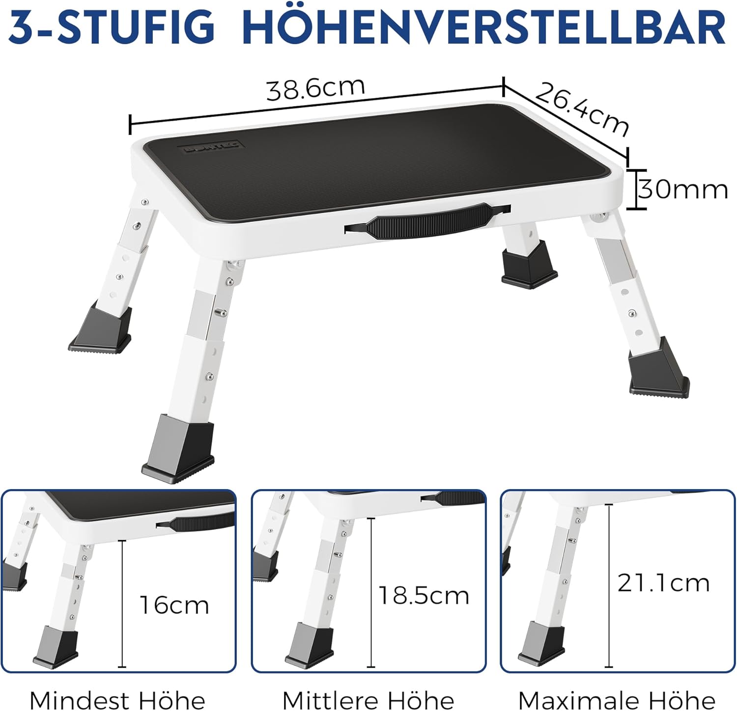 Thumbnail 2 de BONTEC Klapptritt mit 3 Höhenstufen bis 150 kg, faltbar & rutschfeste Plattform (weiß)