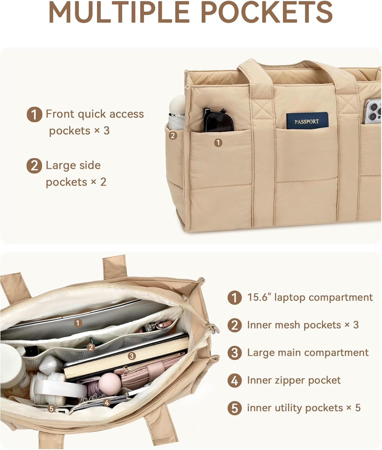 Detalle de Oscaurt Large Tote Bag Puffy Handbag for Women with 16 Pockets