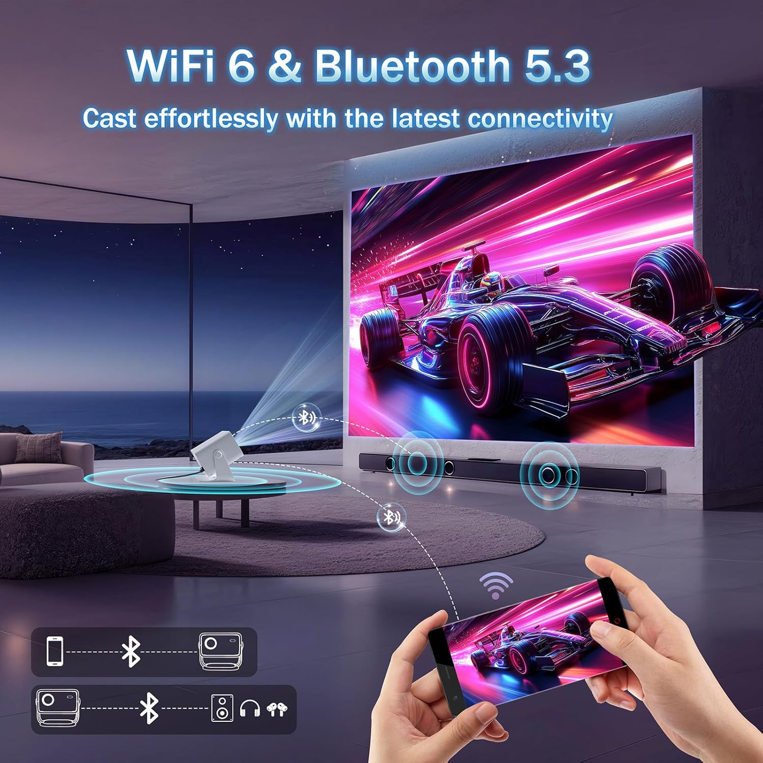 Thumbnail 2 de Portable Mini Projector (720P Native HD) with WiFi 6 & Bluetooth 5.2, Auto Keystone and Built-in Speaker