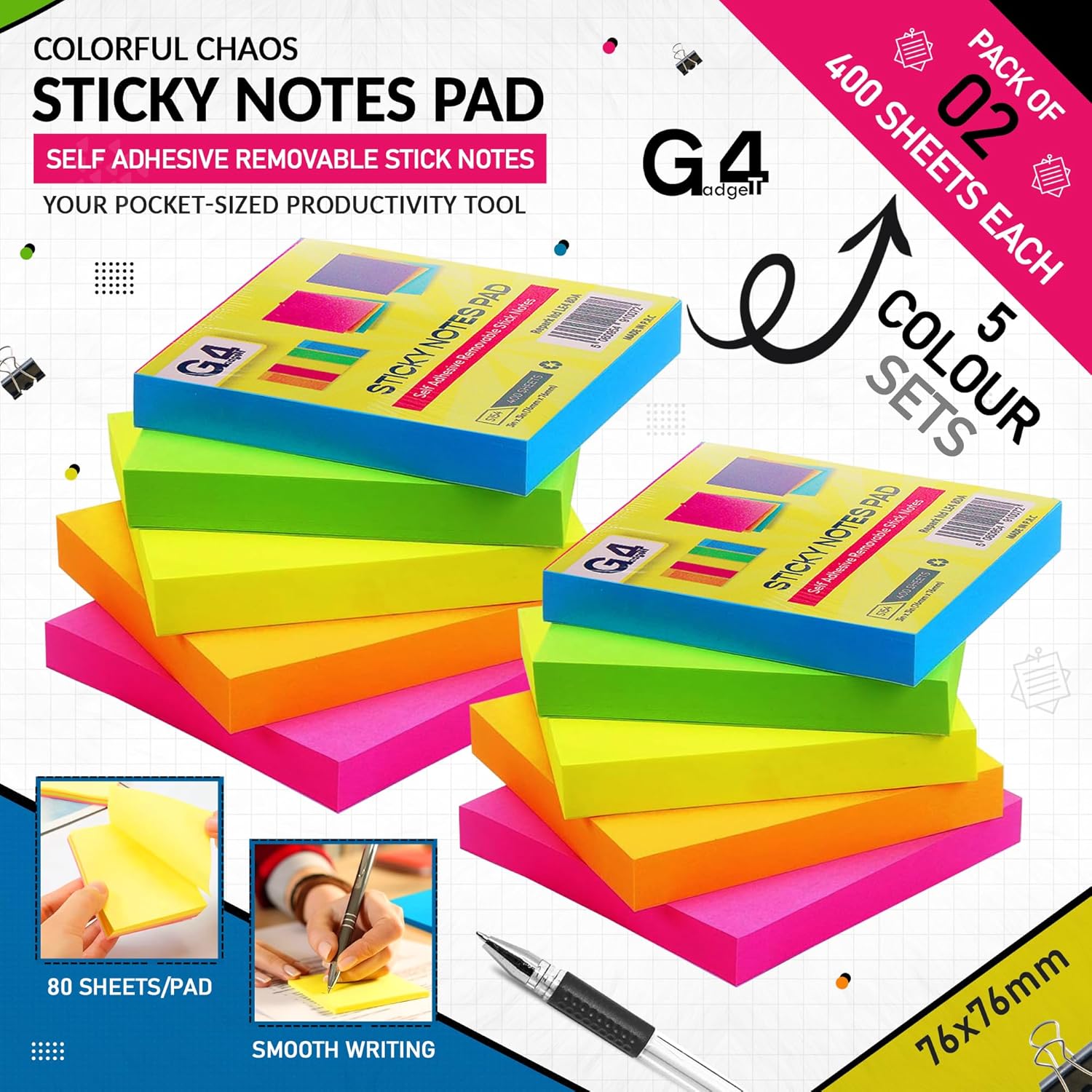 Detalle 2 de G4GADGET 800pcs Sticky Notes 75x75mm – 2 Cube (10 Pads of 80 Sheets) in 5 Colours