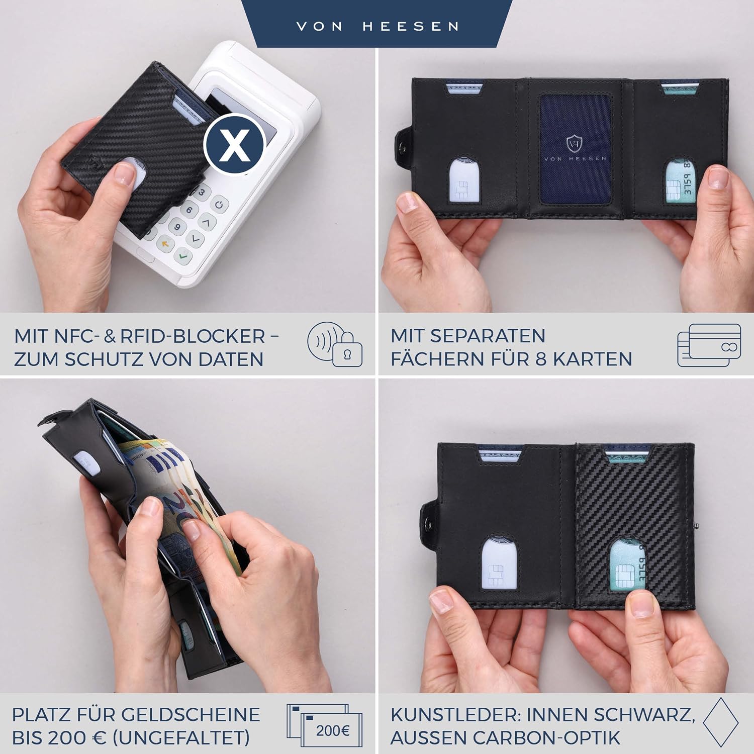 Thumbnail 1 de VON HEESEN Slim Wallet mit Münzfach & RFID-Schutz – schlankes Kartenetui mit 8 Kartenfächern (Carbon-Schwarz, PU)