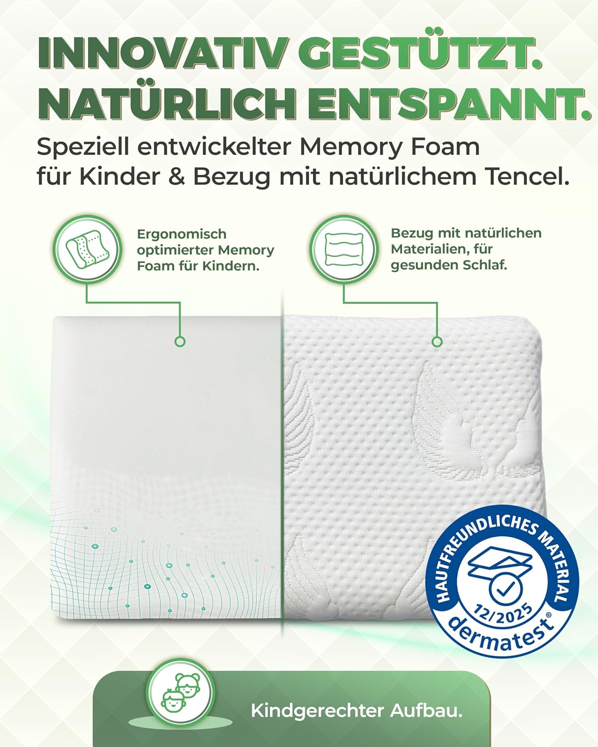 Detalle de Welldora Kinderkissen Memory Foam 30x50 cm – mitwachsendes ergonomisches Kopfkissen für Kinder (2–8+ Jahre) mit 3D-Tencel-Bezug