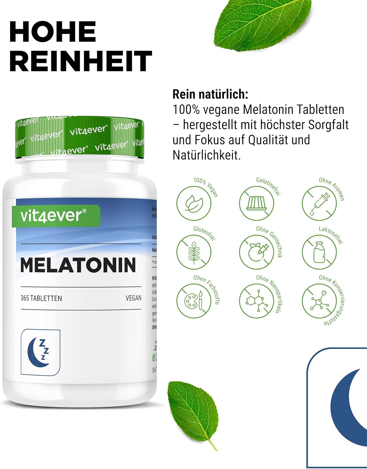 Detalle de vit4ever Melatonin 0,5 mg (1/2 Tablette) – 365 Tabletten, vegan