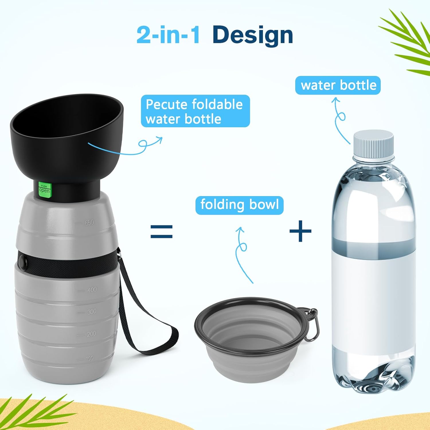 Detalle 2 de Pecute 850ml All-in-One Dog Water Bottle with Foldable Bowl – Leak-Proof, Lightweight & Portable