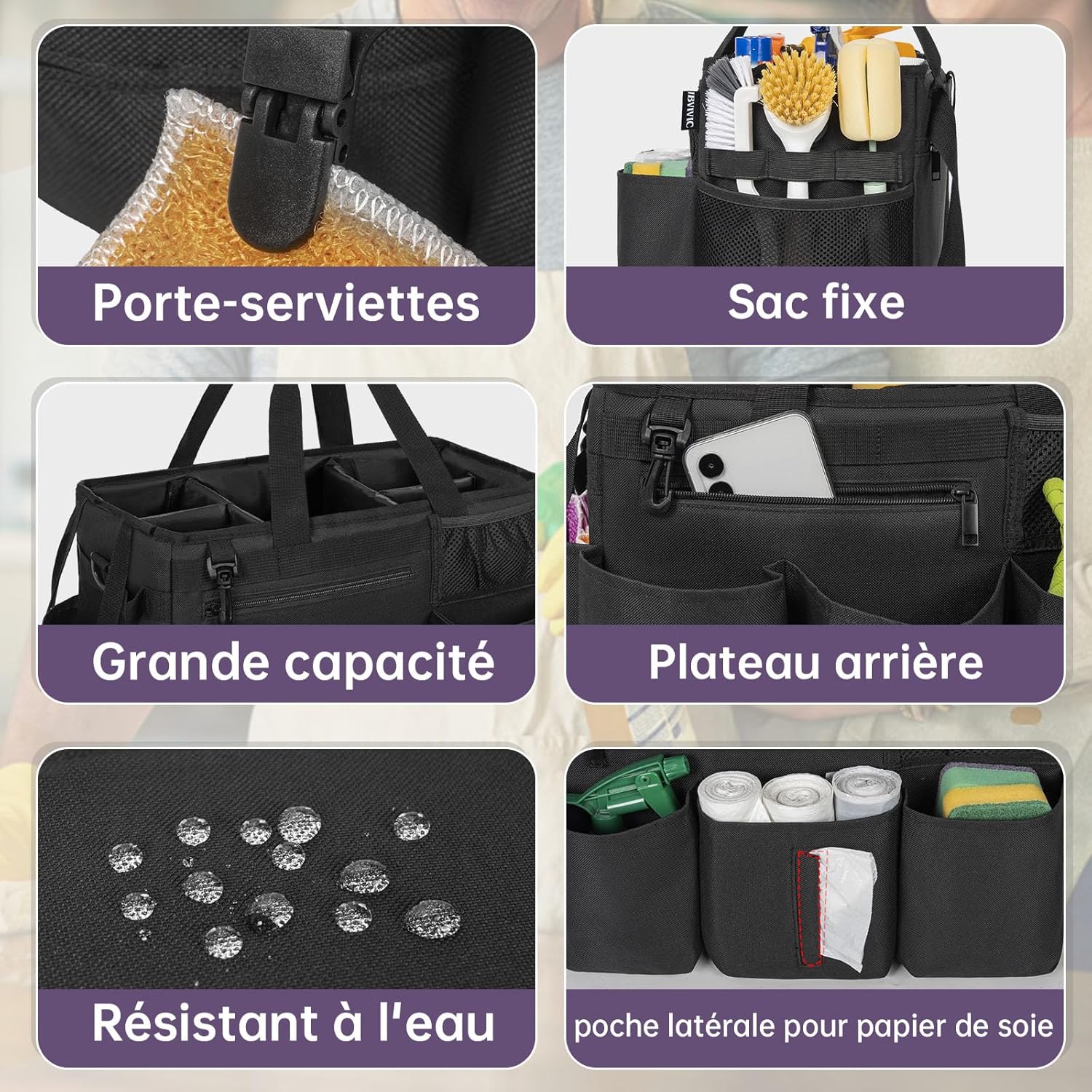 Detalle de OUUTMEE Sac de Nettoyage avec Séparateurs Amovibles – Organisateur Portable 20 x 38 x 26 cm, Noir (Grande)