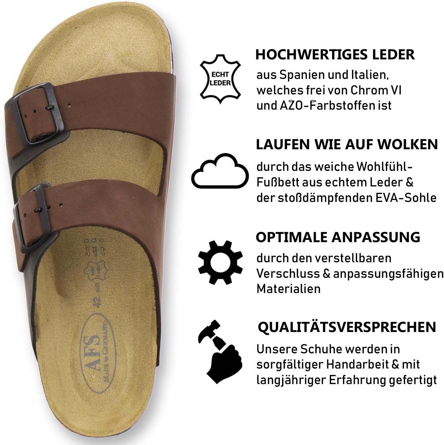 Detalle de AFS Herren Pantoletten & Sandalen aus Leder mit verstellbarer Schnalle – Made in Germany, Größen 36–50