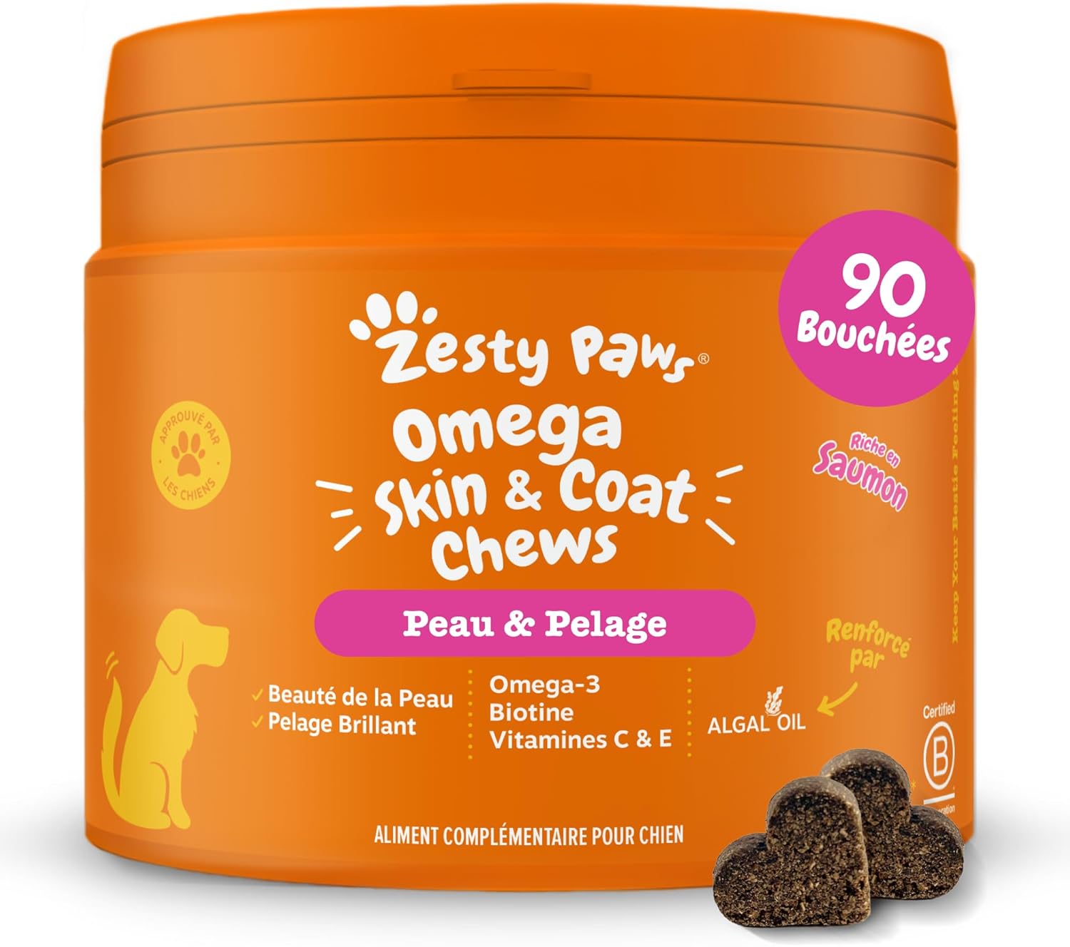 Zesty Paws Santé Peau et Pelage pour Chiens – Bouchées gourmandes à l’huile de poisson (90 unités)